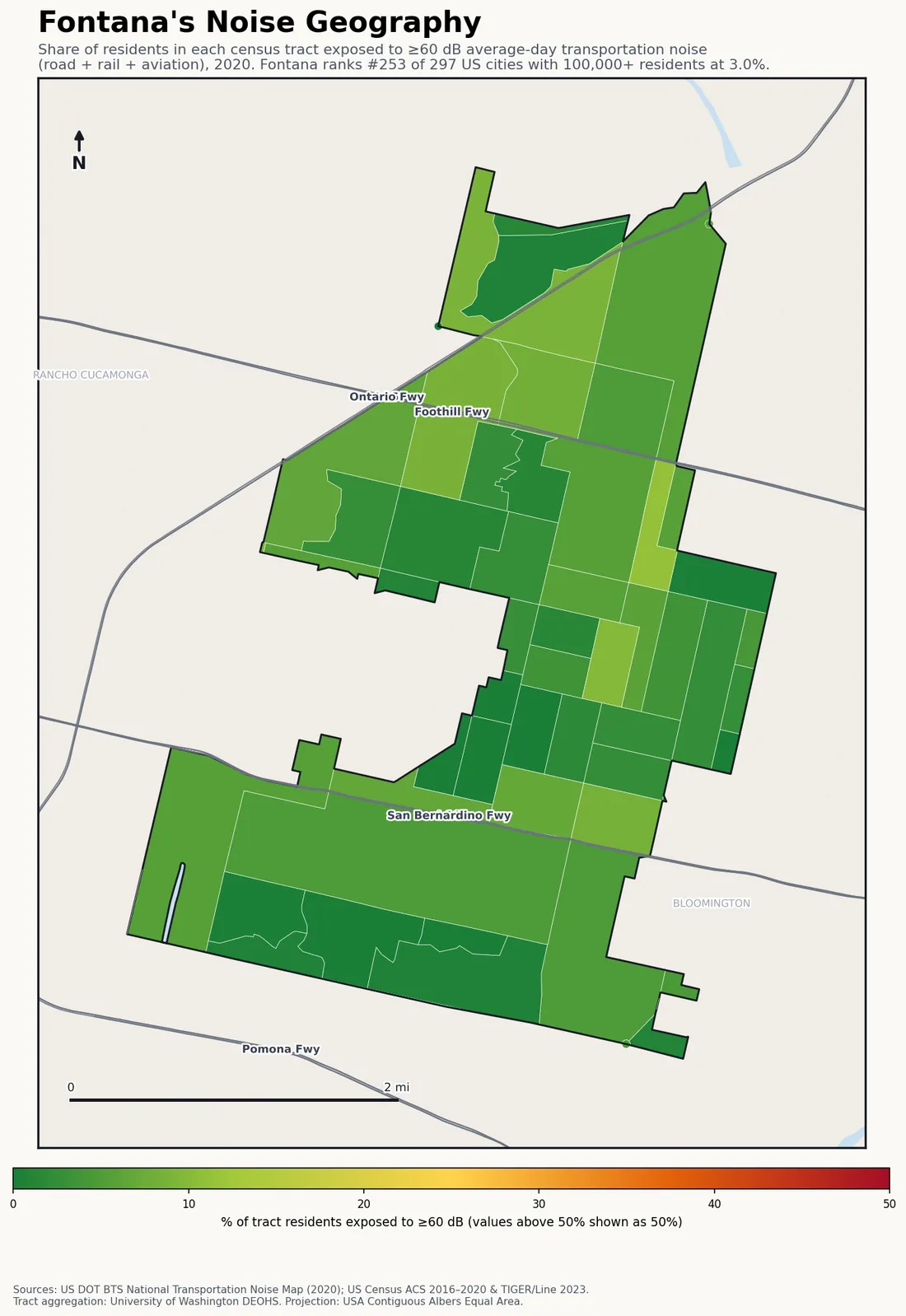 Census-tract noise map of Fontana, CA: tracts colored green (few residents above 60 dB transportation noise) to red (half or more residents above 60 dB). The loudest tracts follow Fontana's busiest road, rail and flight corridors.