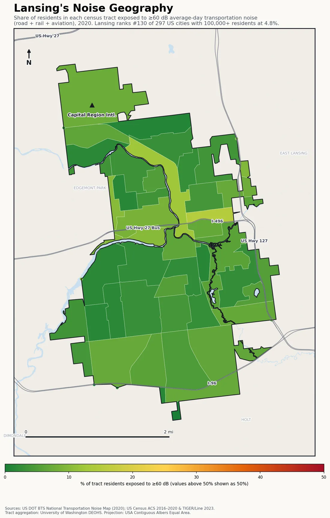 Census-tract noise map of Lansing, MI: tracts colored green (few residents above 60 dB transportation noise) to red (half or more residents above 60 dB). The loudest tracts follow Lansing's busiest road, rail and flight corridors.
