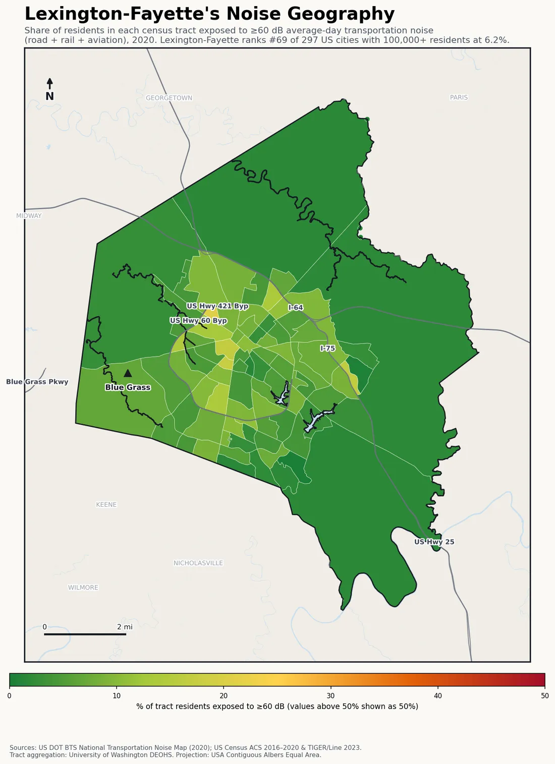 Census-tract noise map of Lexington-Fayette, KY: tracts colored green (few residents above 60 dB transportation noise) to red (half or more residents above 60 dB). The loudest tracts follow Lexington-Fayette's busiest road, rail and flight corridors.