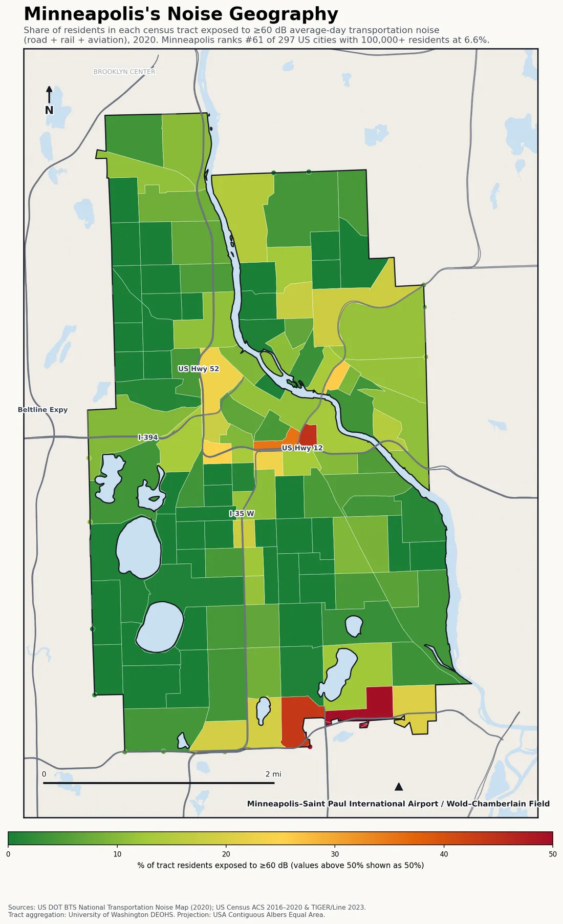 Census-tract noise map of Minneapolis, MN: tracts colored green (few residents above 60 dB transportation noise) to red (half or more residents above 60 dB). The loudest tracts follow Minneapolis's busiest road, rail and flight corridors.