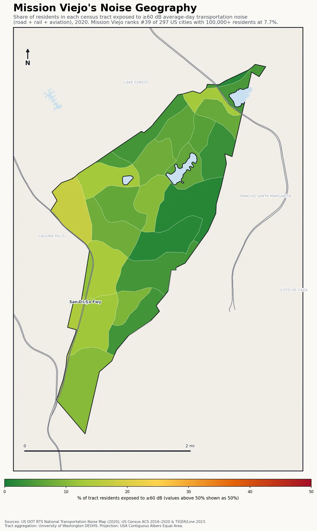 Census-tract noise map of Mission Viejo, CA: tracts colored green (few residents above 60 dB transportation noise) to red (half or more residents above 60 dB). The loudest tracts follow Mission Viejo's busiest road, rail and flight corridors.