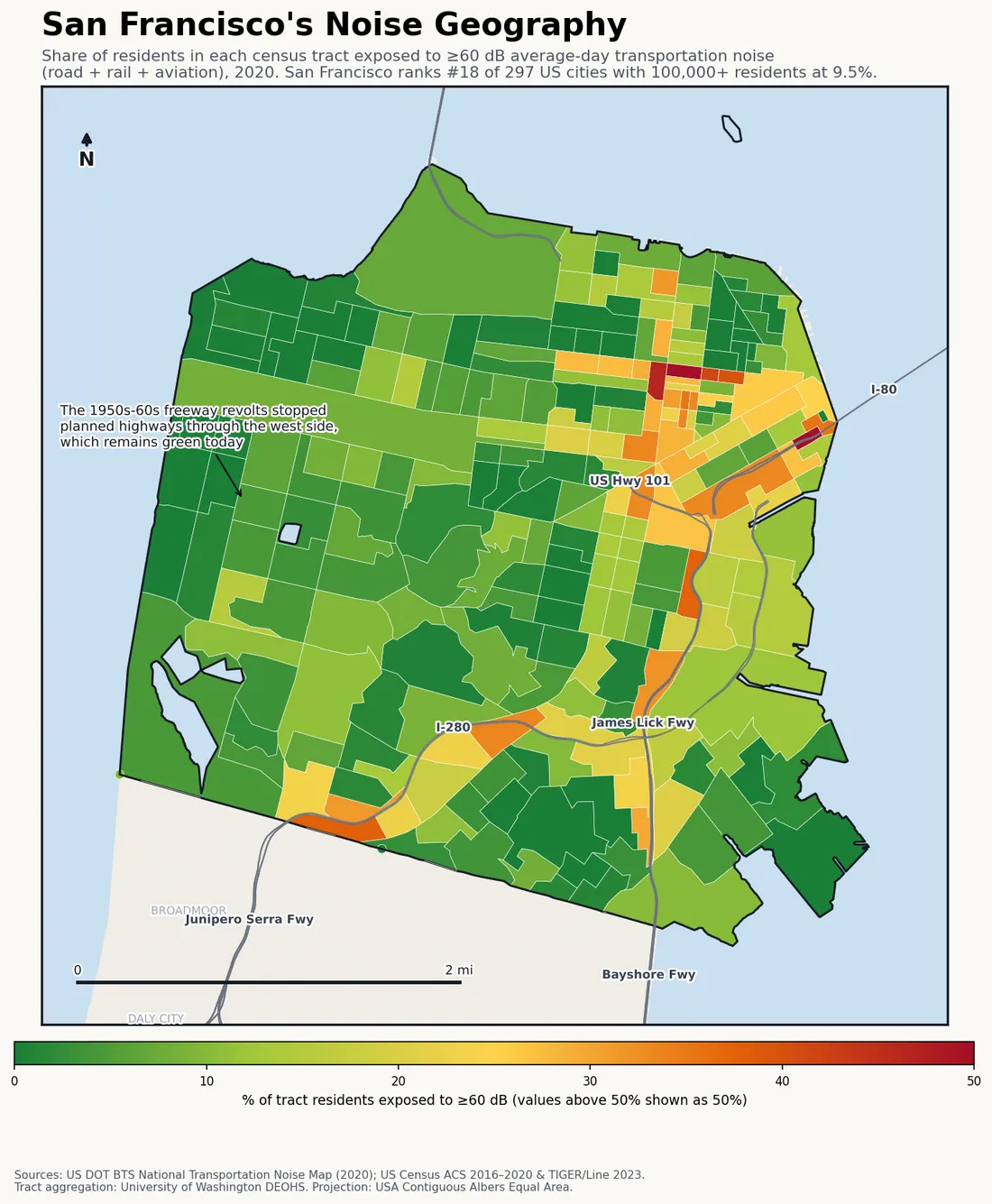 Census-tract noise map preview of San Francisco, CA — loudest tracts follow the US-101 and I-280 corridors.