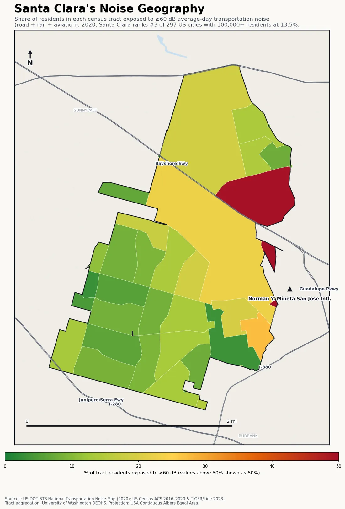 Census-tract noise map of Santa Clara, CA: tracts colored green (few residents above 60 dB transportation noise) to red (half or more residents above 60 dB). The loudest tracts follow Santa Clara's busiest road, rail and flight corridors.