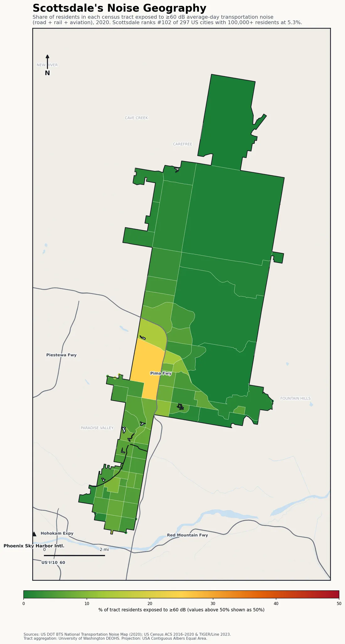 Census-tract noise map of Scottsdale, AZ: tracts colored green (few residents above 60 dB transportation noise) to red (half or more residents above 60 dB). The loudest tracts follow Scottsdale's busiest road, rail and flight corridors.