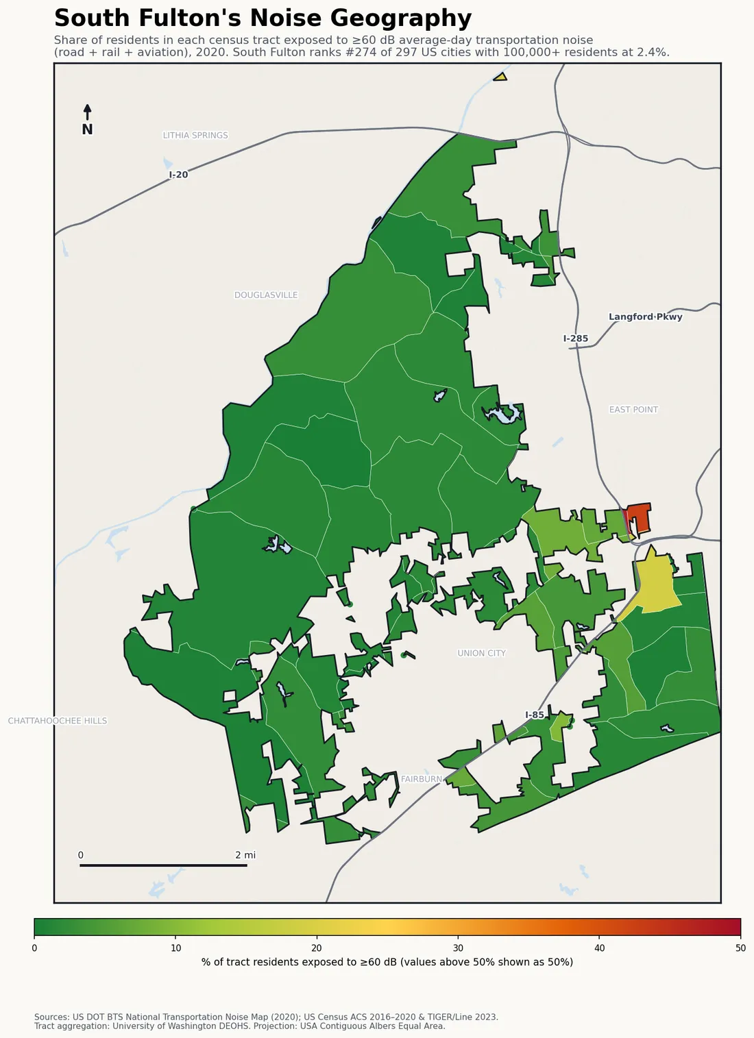 Census-tract noise map of South Fulton, GA: tracts colored green (few residents above 60 dB transportation noise) to red (half or more residents above 60 dB). The loudest tracts follow South Fulton's busiest road, rail and flight corridors.