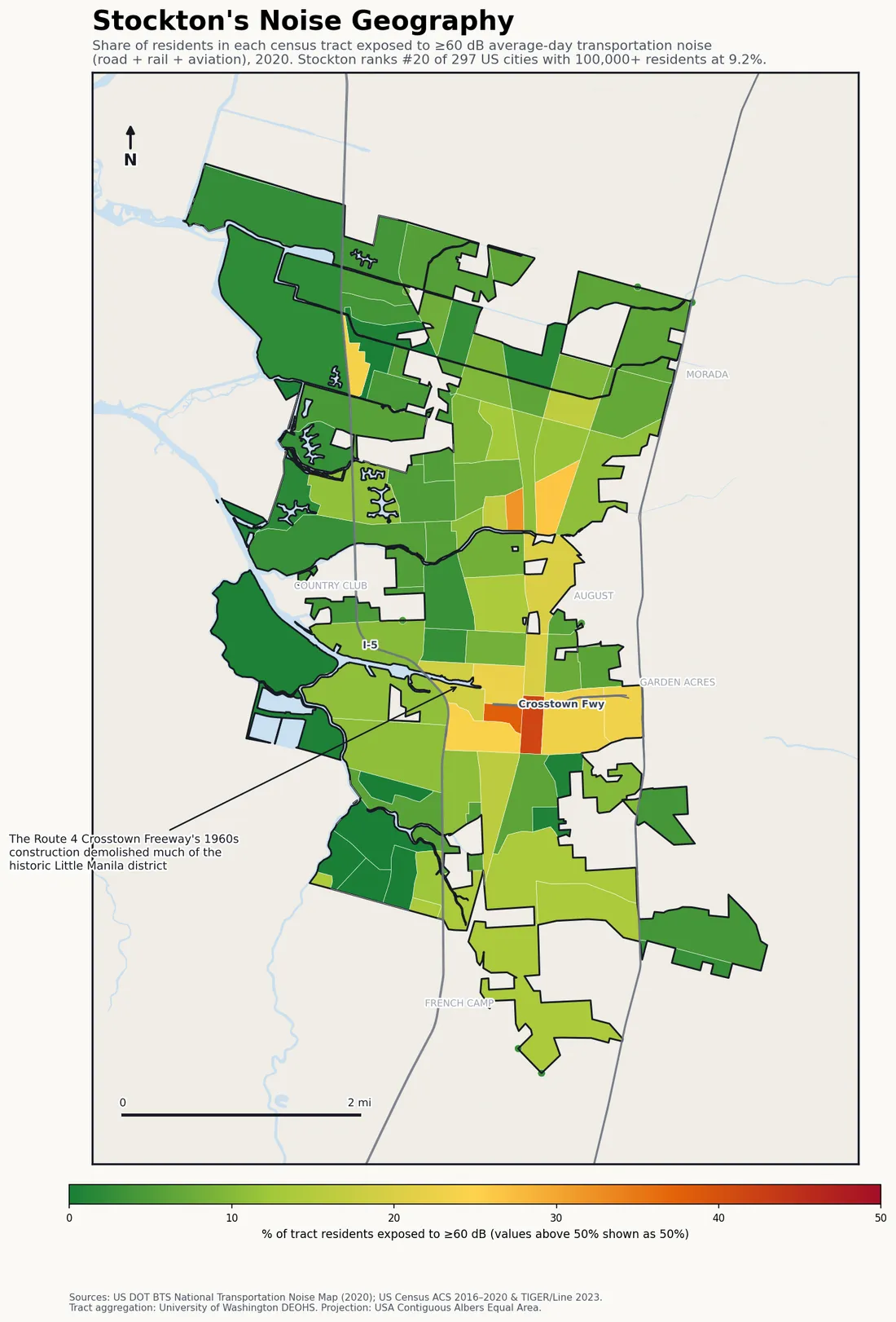 Census-tract noise map preview of Stockton, CA — loudest tracts follow the Crosstown Freeway, I-5 and the rail corridors.
