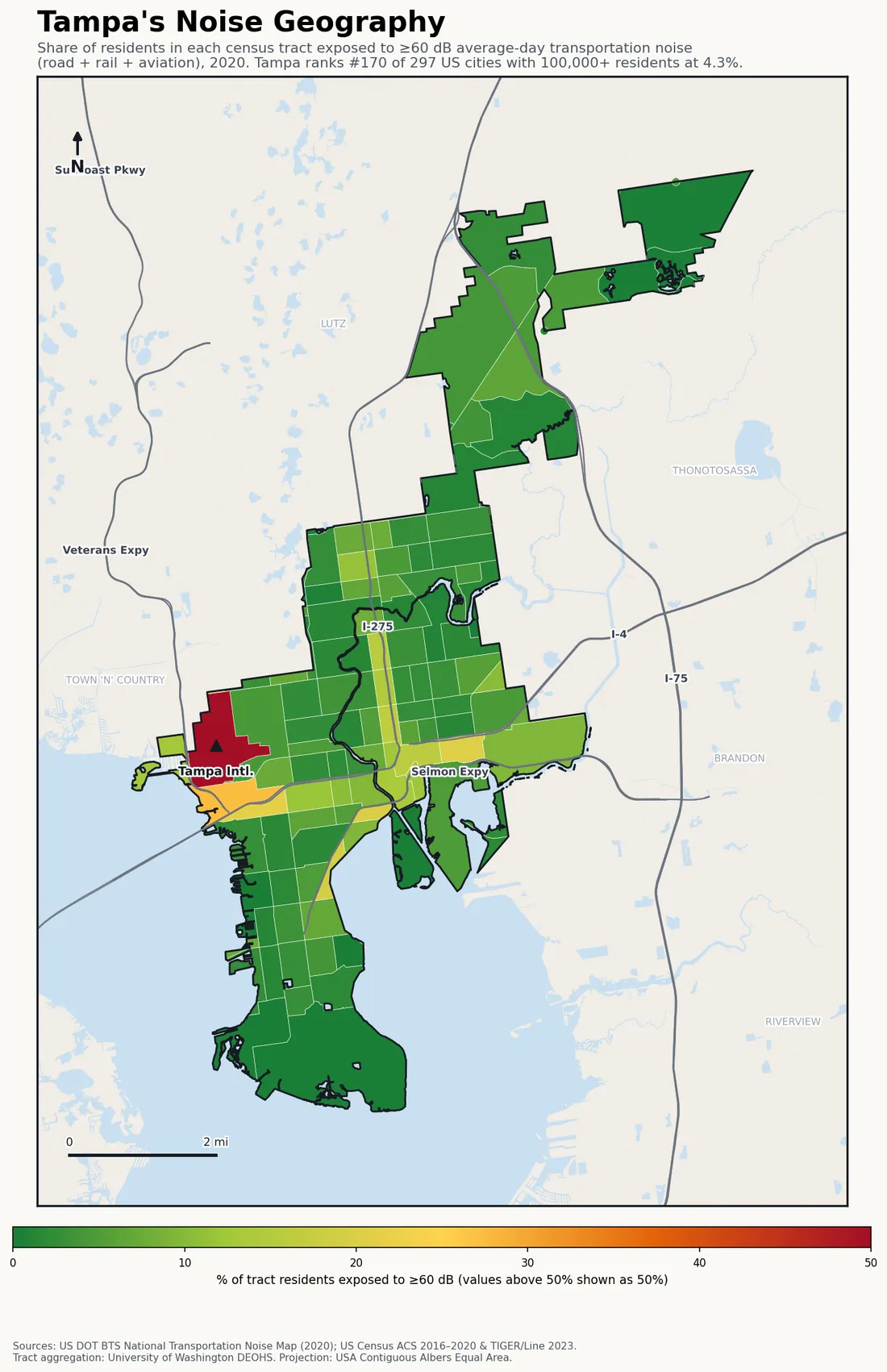 Census-tract noise map of Tampa, FL: tracts colored green (few residents above 60 dB transportation noise) to red (half or more residents above 60 dB). The loudest tracts follow Tampa's busiest road, rail and flight corridors.